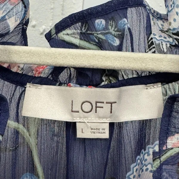 LOFT Floral Chiffon Ruffle Tie Neck Smocked Cuff Blouse Large Navy Blue Sheer - Image 7