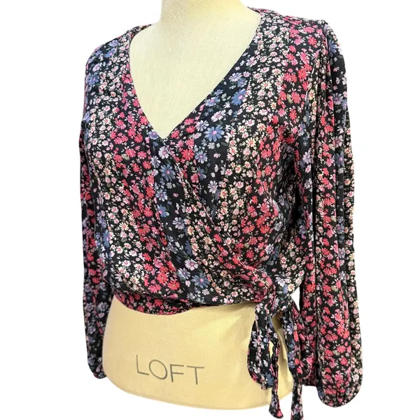 American Eagle M Floral Wrap Crop Top Patchwork Print Balloon Sleeve Cottagecore - Image 3