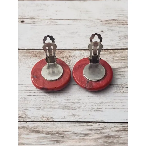Vintage Clip On Earrings - Unusual Design Red Circular 1 & 1/8" - Image 4