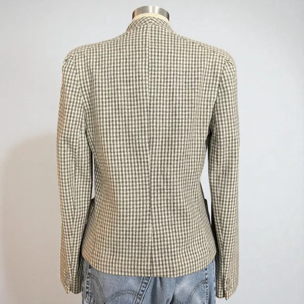 Vintage 90s Cropped Wool Blend Grey & Cream Pointed Lapel Gingham Check Blazer - Image 7