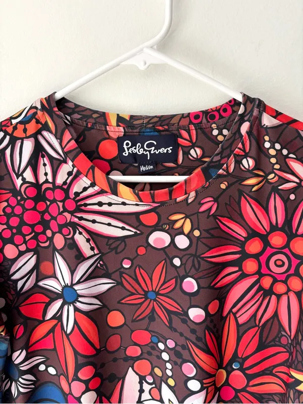 Lesley Evers Arden Shift Mini Dress 3/4 Sleeves Vintage Floral Brown 70s Boho - Image 2