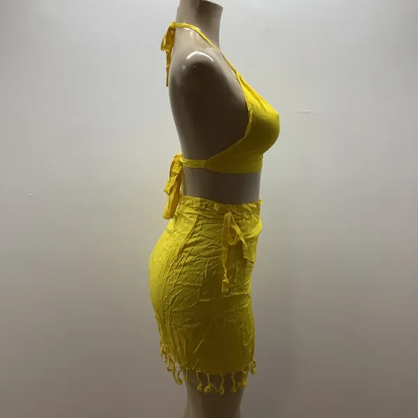 Yellow Halter Top and Fringe 100% Sarong Sarong Skirt - Image 3