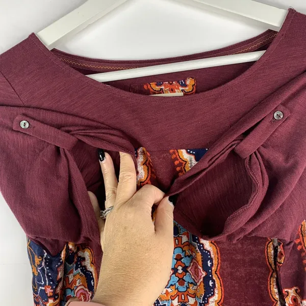Meadow Rue Size S Top Mixed Media Medallion Print Burgundy Boho Anthropologie - Image 4
