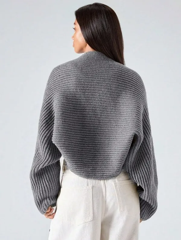 Gray Striped Cropped Knit Cardigan - Image 2