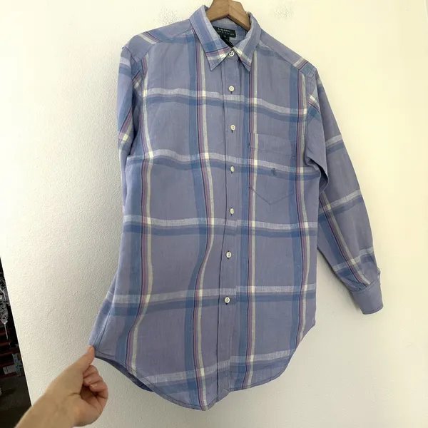 Vintage 100% LInen Lauren Ralph Lauren Button Down Shirt Sz M Plaid Preppy Indie - Image 6