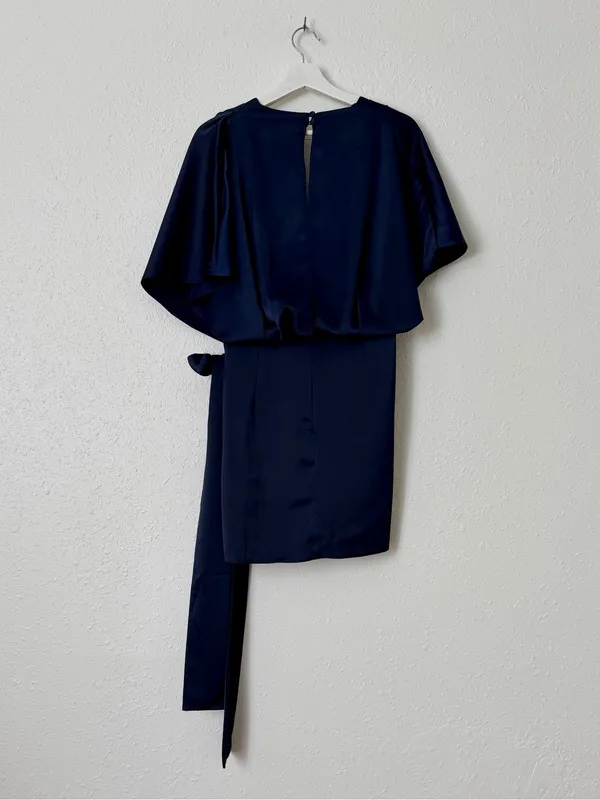 ASOS Navy Satin Wrap Mini Dress Size US 8 Tie Waist Open Back - Image 8