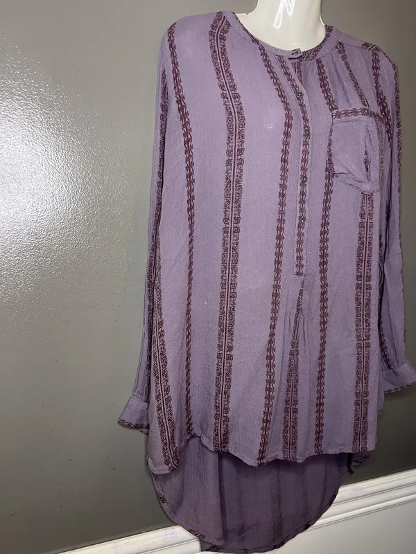 Free People Blouse Womens Medium Purple Striped Henley Long Sleeve Tunic Top - Image 3