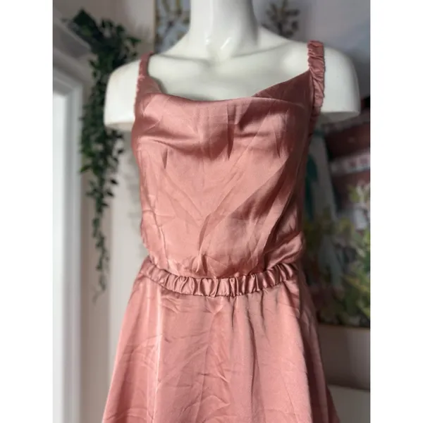 ASOS Design Blush Mauve Pink Satin Mini Dress 14 XL Cut Out Bow Back Skater - Image 6