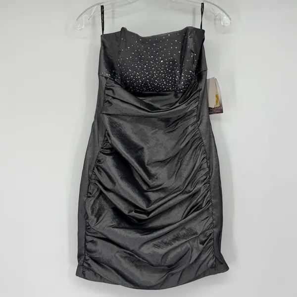 Jessica McClintock Silver Strapless Ruched Rhinestone Mini Dress NWT Size 12 Y2K - Image 2