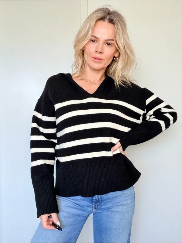 Zara Black & White Striped V-Neck Sweater - Image 3
