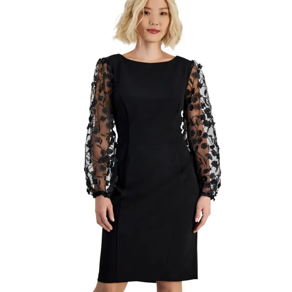 Connected Apparel Petite Long Sheer-Sleeve Applique Dress TLB37170P1 Black 4P - Image 9