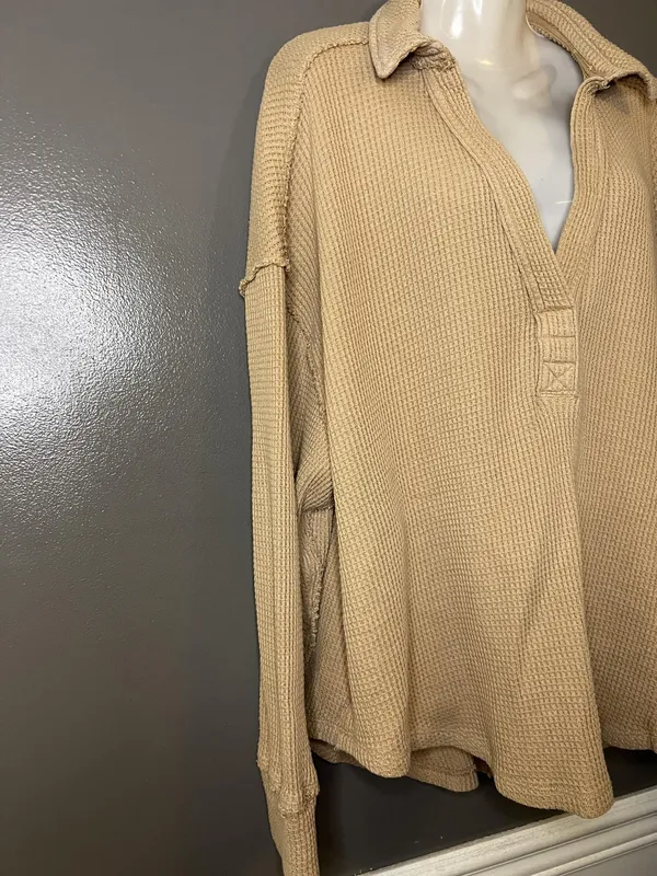 Aerie Shirt Womens XL Beige Collared Long Sleeve Thermal Waffle Knit Tunic Top - Image 3