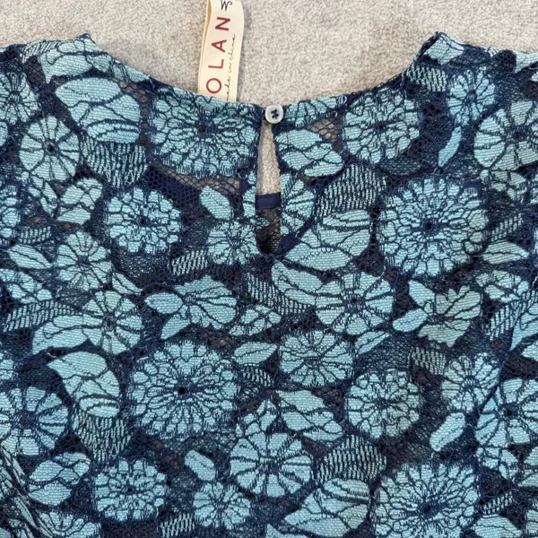 Dolan Women's Medium Blue Floral Lace Peplum Puff Sleeve Top Blouse Sheer - Image 12