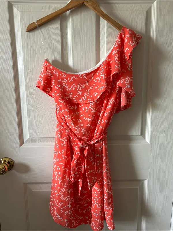 Gilli Sunday Best Floral Ruffle One Shoulder Coral Belted Dress Sz Med Fairycore - Image 9