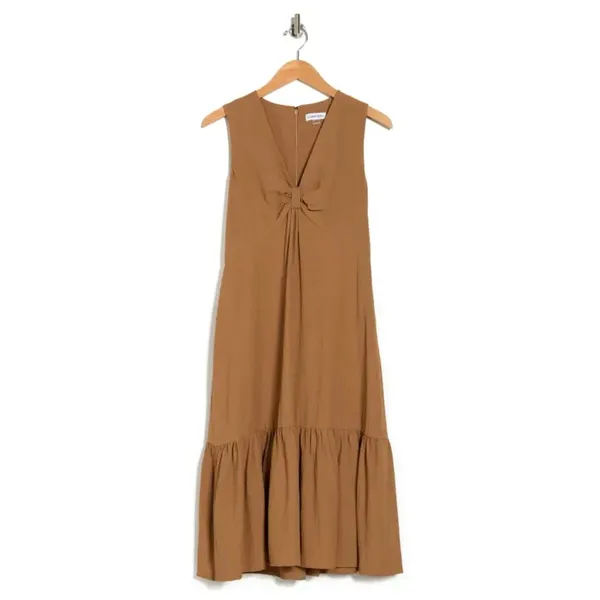 CALVIN KLEIN Gauze Knot Front Sleeveless Midi Dress In Luggage Women's Size 10 - Image 11
