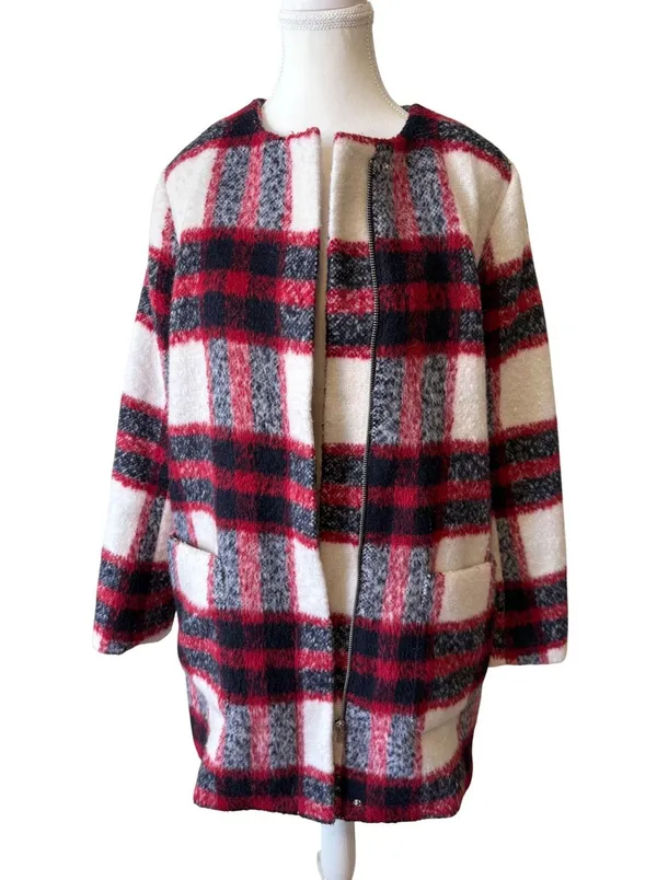 Abercrombie & Fitch Wool Blend Plaid Coat Jacket Red Black White Womens M Winter - Image 7