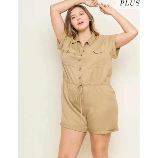 Umgee Women's‎ Taupe Button Drawstring Waist Cuffed Hem Romper Plus Size XL NEW - Image 2
