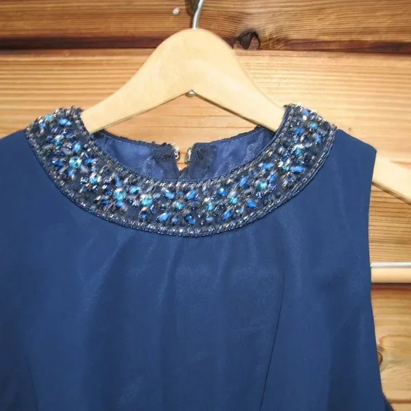 NWT Mac Duggal 55147 Navy Bejeweled Neckline Pleated Chiffon Gown MISMARKED SIZE - Image 9