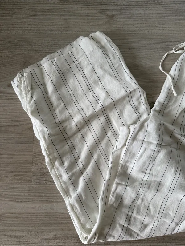 H&M Lightweight Striped Drawstring Linen Blend Pants - Cream - Image 3
