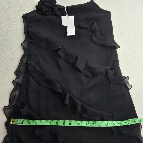 Monki NWT 46P Black Asymmetric Ruffle Midi Dress with 3D Flower Rosette Size S‎ - Image 11