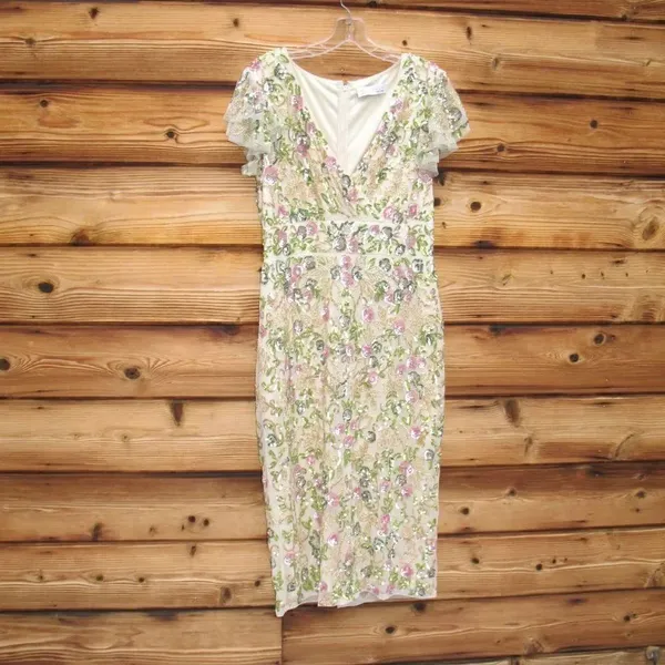 Mac Duggal Womens Floral Embellished Flutter Cap Sleeve Dress 5722 Cream - Image 7