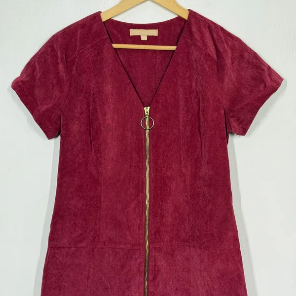 Hope &‎ Harlow Corduroy Mini Dress Womens Sz 6 Red V-Neck Front Zip Short Sleeve - Image 3