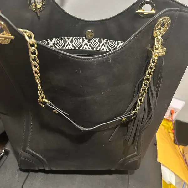 Black Faux Leather Tote Bag with Gold Accents - Image 9