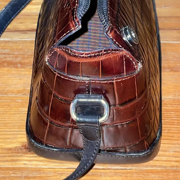 Brighton Vintage Croc Embossed Leather Shoulder Bag Brown Black Trapezoid Purse - Image 15