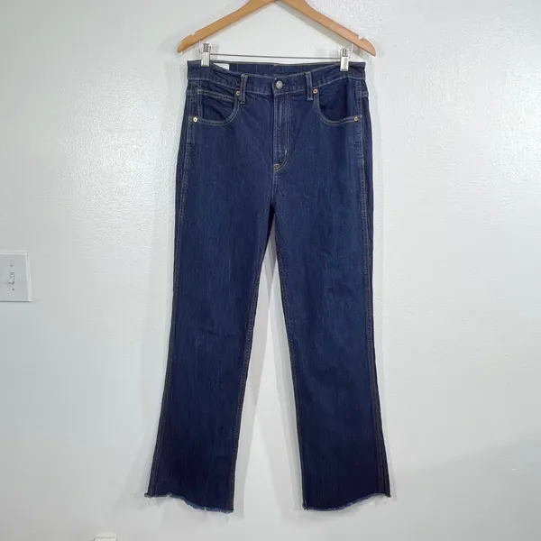 GAP Vintage Flare High Rise Jeans 31 12 Tall Dark Wash Rinsed Raw Hem‎ Stretch - Image 3