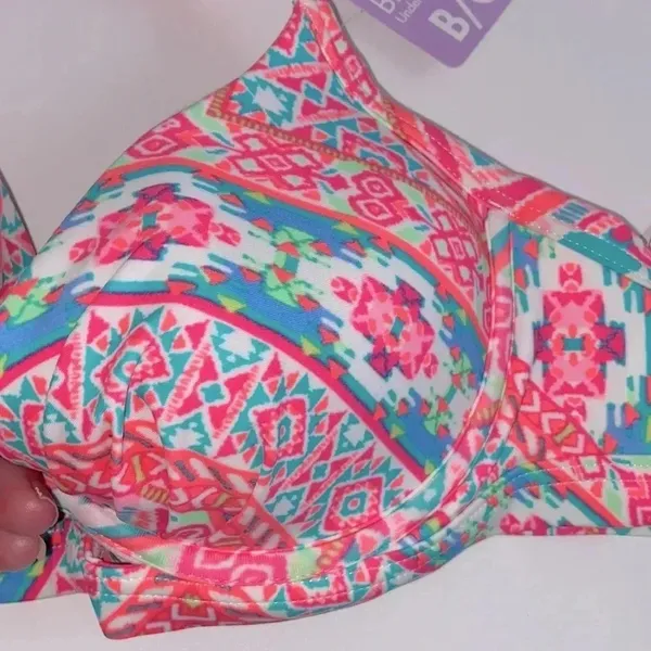 NWT 34B/C Coco Rave halter push-up bikini top hot pink orange ruched middle‎ - Image 3