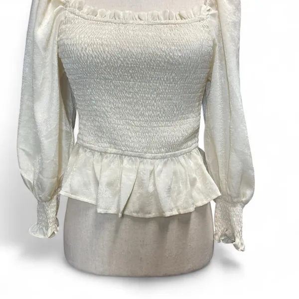 On‎ Blue Womens Ivory Smocked Square Neck long sleeve peplum Poet blouse Medium - Image 3