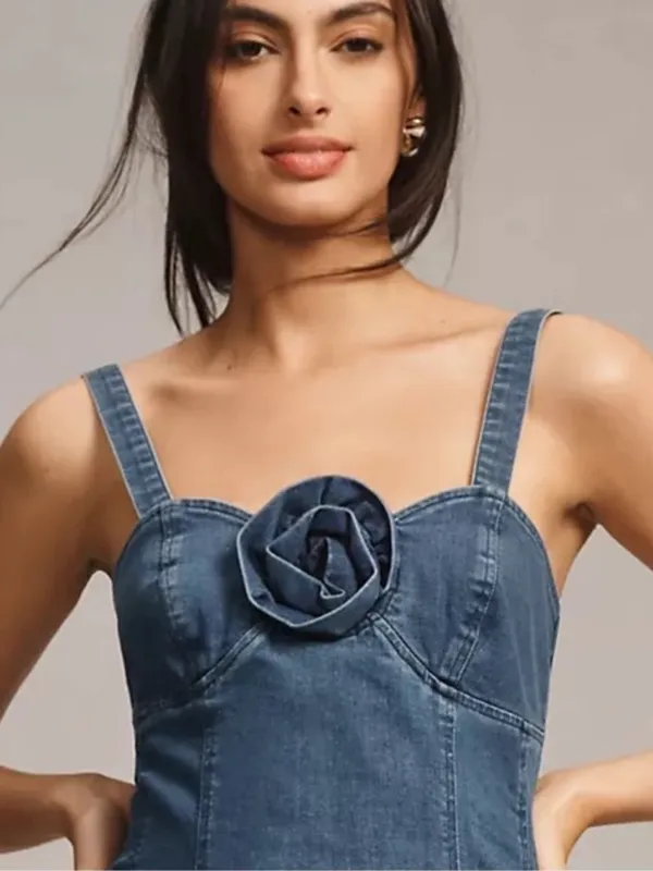 Anthropologie Porridge Womens Denim Mini Dress Rosette Xl New With Tags - Image 9