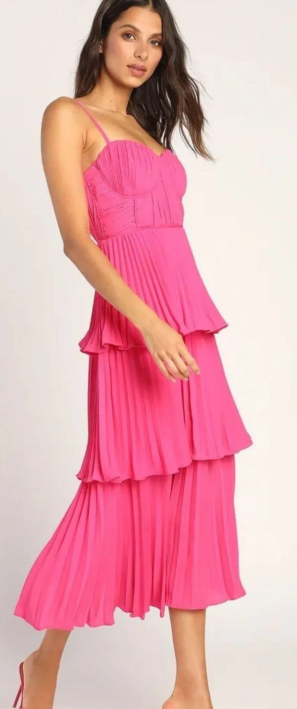 Lulus Hot Pink Tiered Midi Dress - Image 2