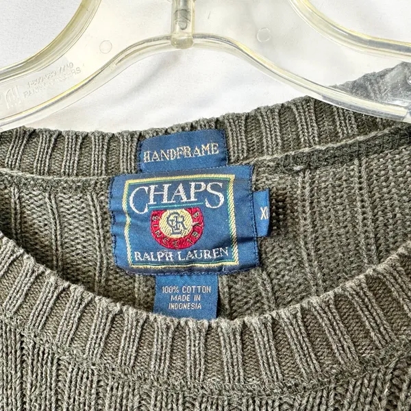 VTG Chaps Ralph Lauren XL Sweater Green Ribbed Cotton Heavyweight Fisherman 1023 - Image 3