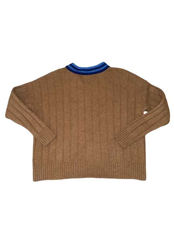 Madewell Tipped V-Neck Oversized Wool Blend Sweater XS Heather Caramel Blue - Image 5