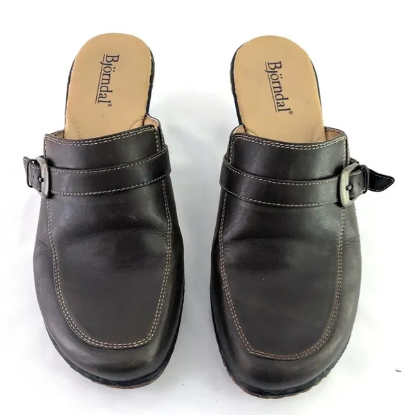 Björndal Brown Leather Kendall 136181 Slip On Clog Mule Wedge Shoe 9.5 Durable - Image 2