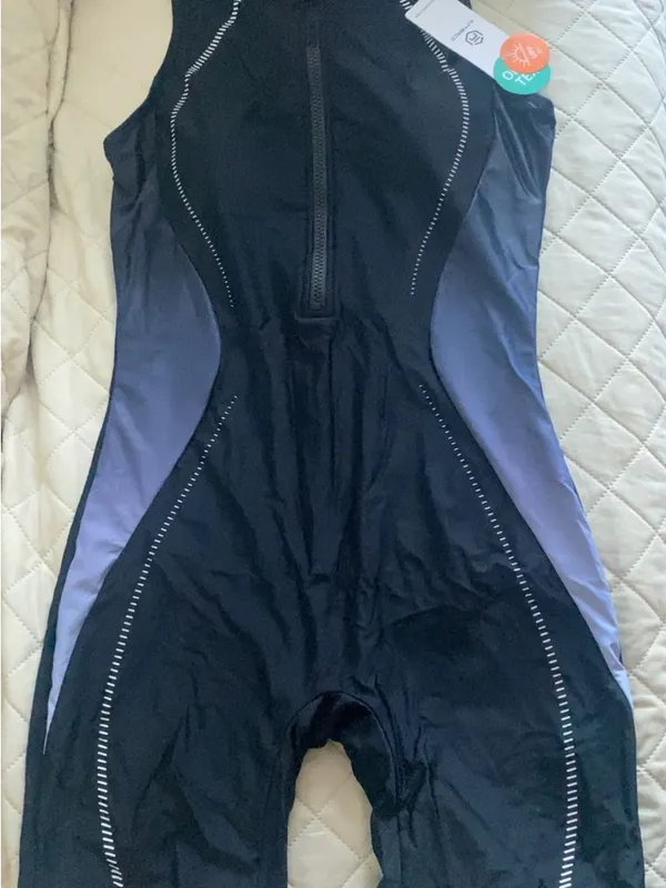 Women's Black One-Piece Front-Zip Swim Suit with Blue Side Panels - Image 5