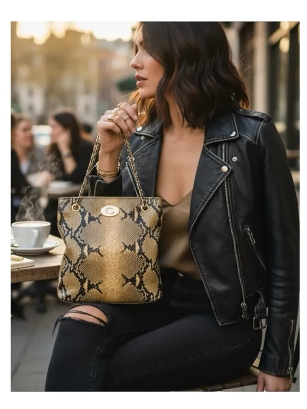 DKNY 𖤐 Convertible Crossbody Leather Handbag 𖤐 Metallic Python 𖤐 Gold Chain - Image 5