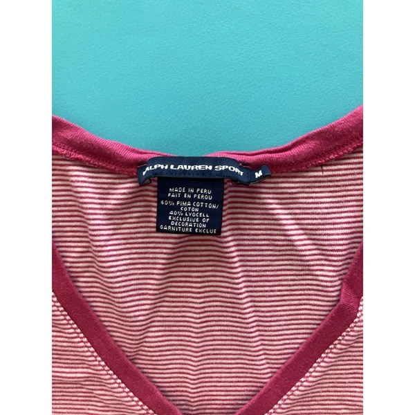 Ralph Lauren Sport Women’s Pink/White Striped V-Neck Logo Top Long Sleeve M - Image 2