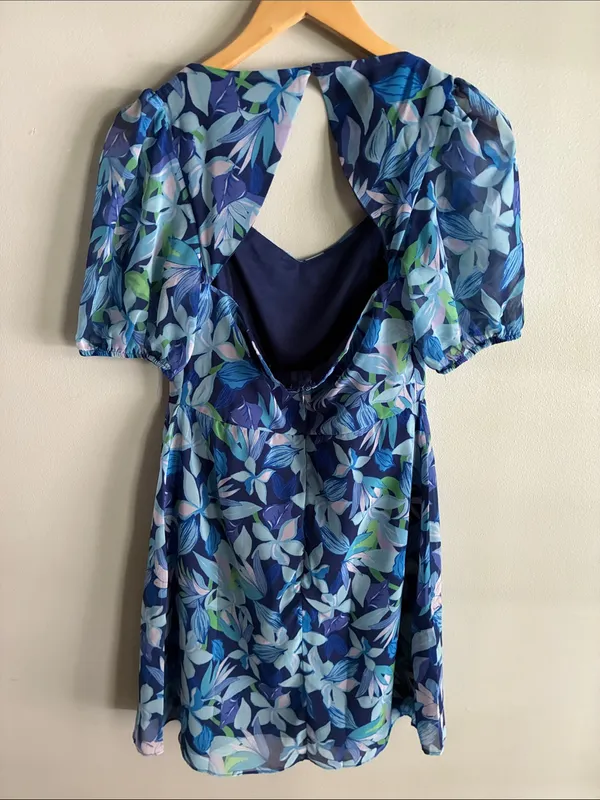 Trendyol Blue Floral Puff Sleeve Open Back Mini Dress EU 38 US 6 Small - Image 8