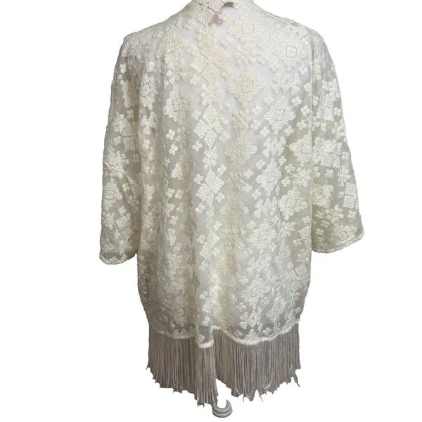 Forever 21 Sheer Kimono Cardigan Size‎ S Ivory Embroidered Fringe Boho Festival - Image 2