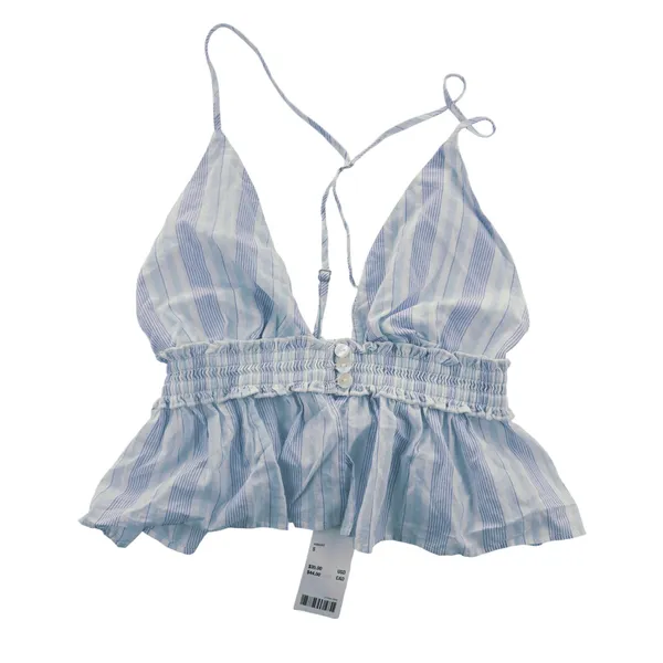 Urban Outfitters -1851 NWT Out From Under Blue Striped‎ Cami Crop Top Smocked Ruffle Hem Small - Image 2