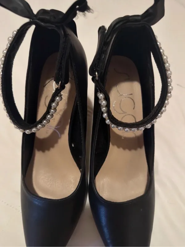 Black Heels with Pearl Ankle Strap and bow - Image 3