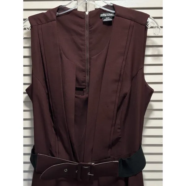 City Chic Burgundy Solid Sleeveless Fit Flare Dress Size XS/14 Back Zip‎ Belt - Image 2