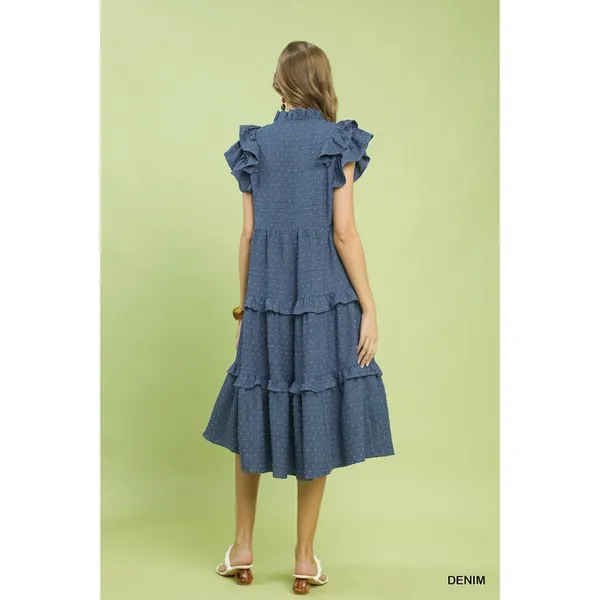 Umgee‎ Textured Ruffle Sleeve Tiered Midi Dress - Denim - Small - Image 3
