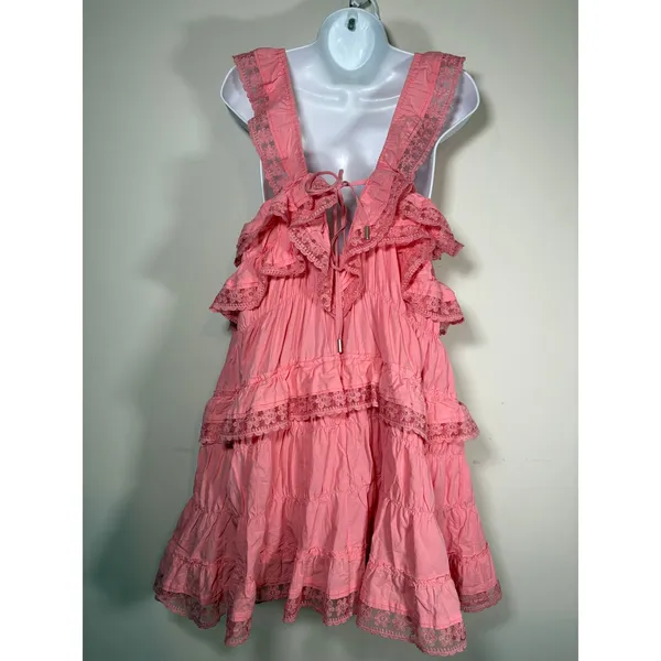 Unbranded Tiered Ruffle Mini Dress Pink Lace Trim Cotton Romper Small - Image 4