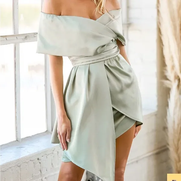 Lulu’s Always Celebrating Sage Green Satin Off-the-Shoulder Mini Dress - Image 2