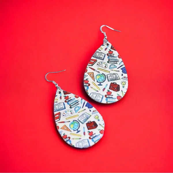 Teacher School Theme Waterdrop‎ Shaped Double-sided Print Wooden Earrings - Image 6