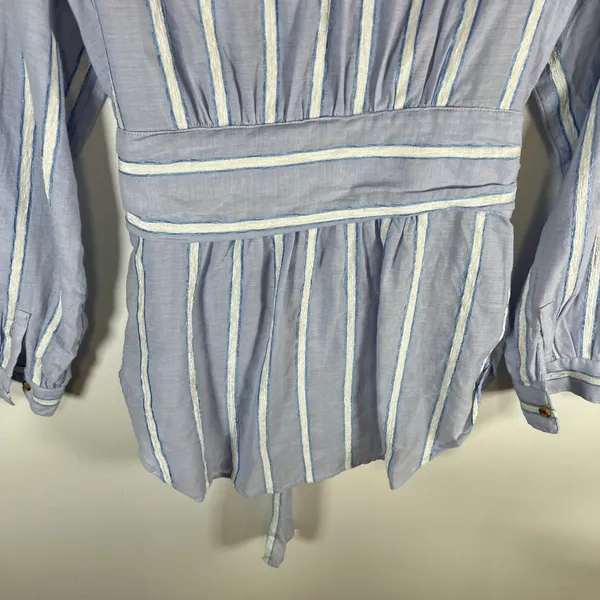 Anthropologie Building Blue‎ White Striped Tie Waist Button Down Blouse Top Sz 8 - Image 9