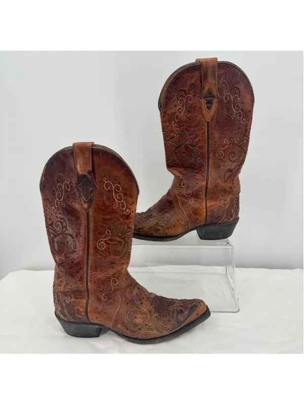 Sterling River Cowboy Boots Brown Leather Embroidery 11” Shaft Western Size 6.5 - Image 2